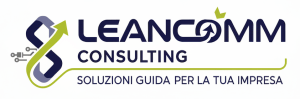 Logo completo con testo e simbolo e payoff di LEANCOMM con colori verde e blu brand