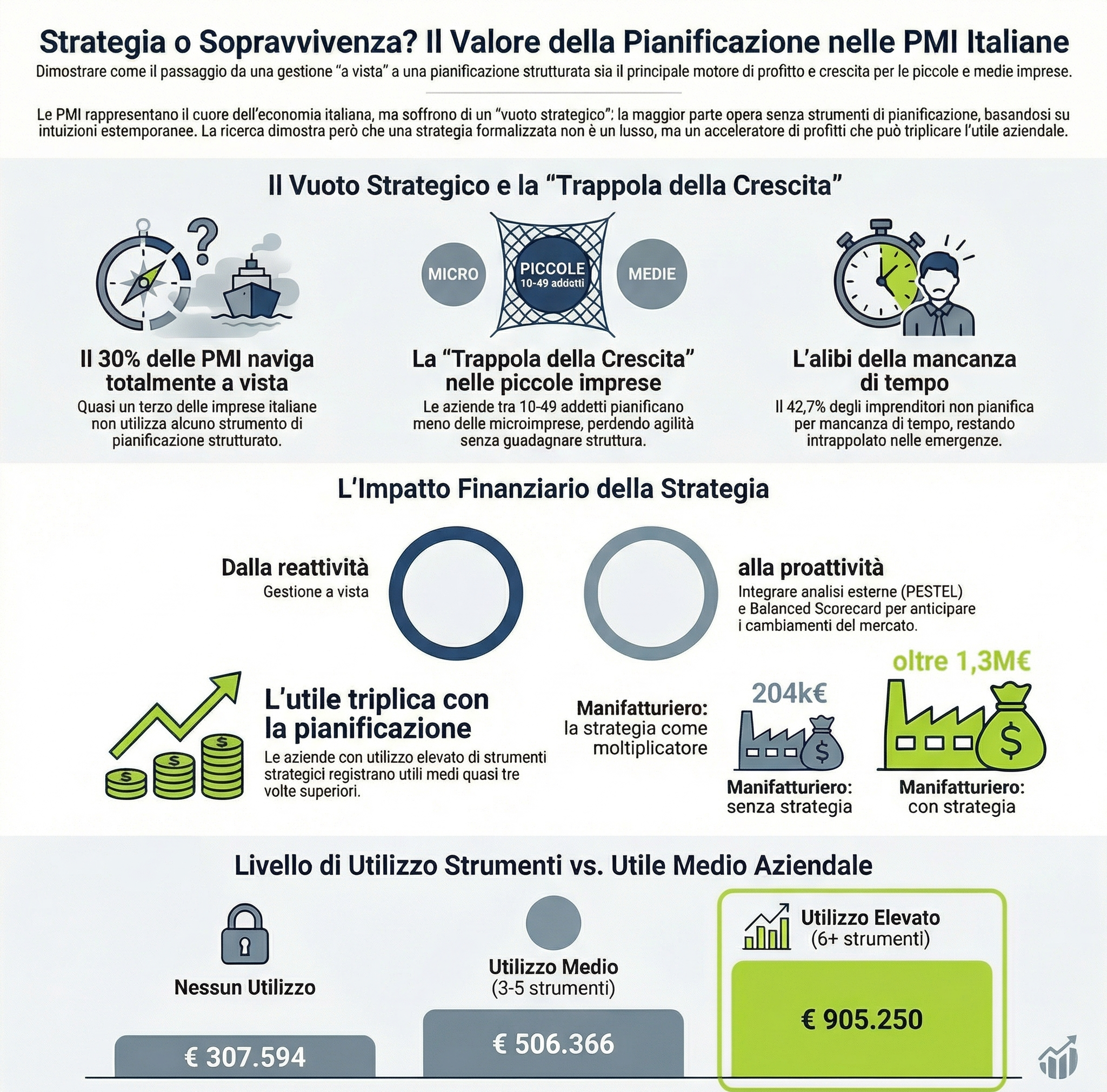 Infografica nei colori verde e blu LEANCOMM che rappresenta contenuto articolo analisi strategica nelle PMI italiane