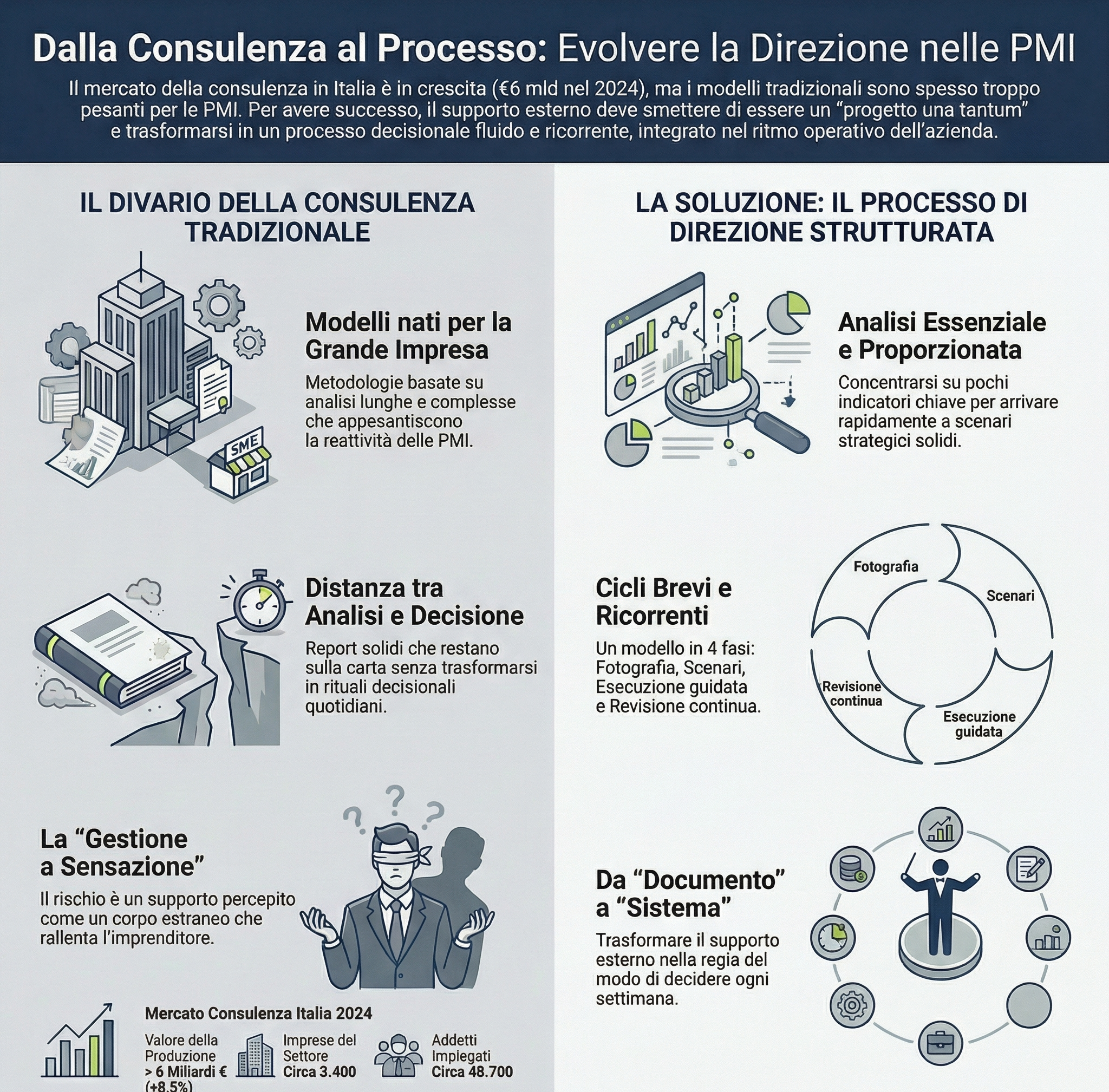Infografica nei colori verde e blu LEANCOMM che rappresenta contenuto articolo superare limiti della consulenza tradizionale